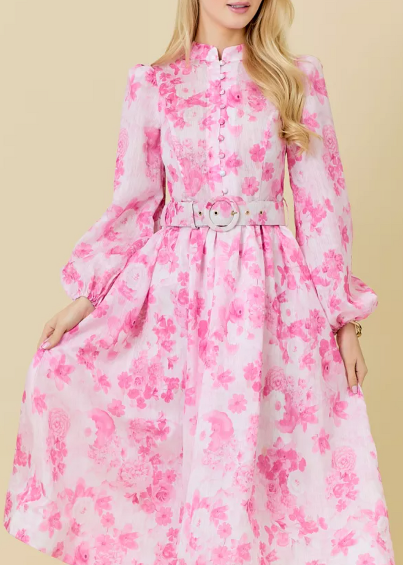 Floral Printed Mock Neck Button Down Dress