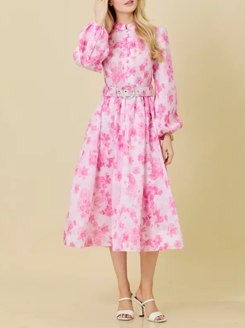 Floral Printed Mock Neck Button Down Dress