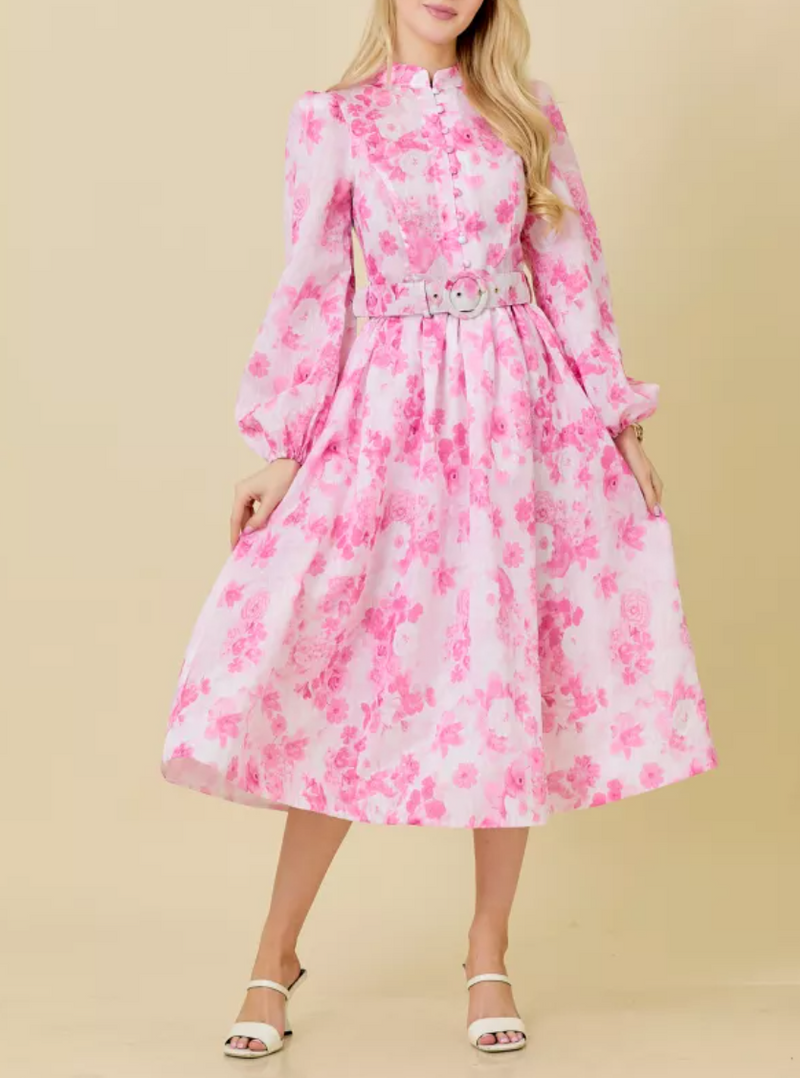 Floral Printed Mock Neck Button Down Dress