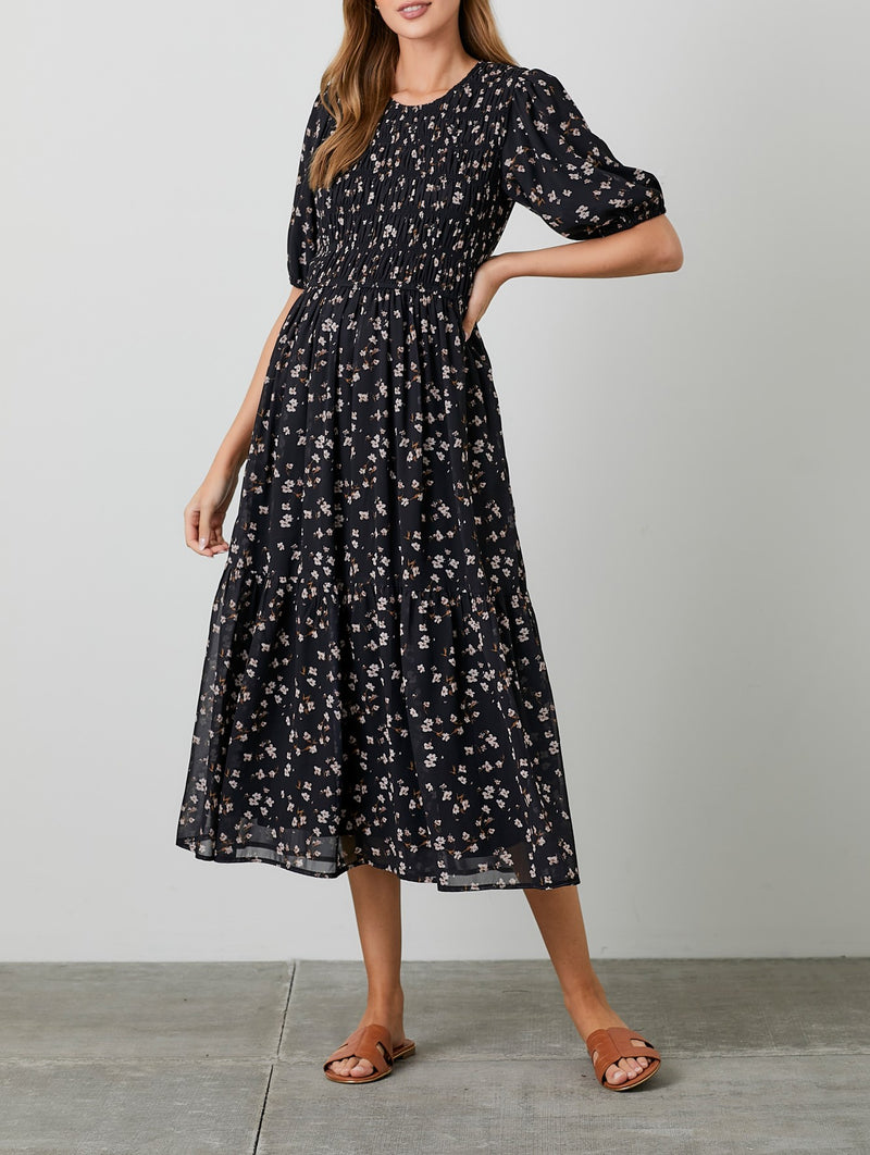 Floral Print Smocked Bodice Tie Back Midi Dress