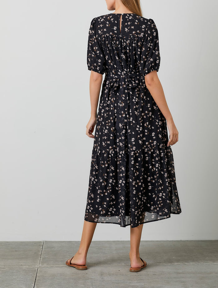 Floral Print Smocked Bodice Tie Back Midi Dress