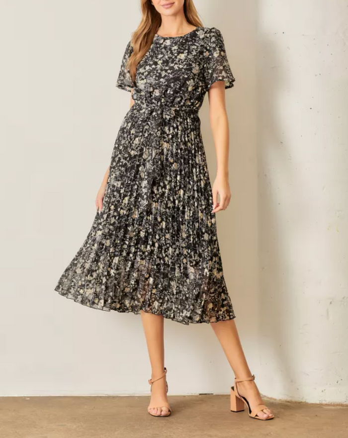 Floral Print Pleated Midi Dress with Short Sleeves