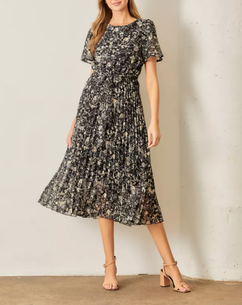 Floral Print Pleated Midi Dress with Short Sleeves