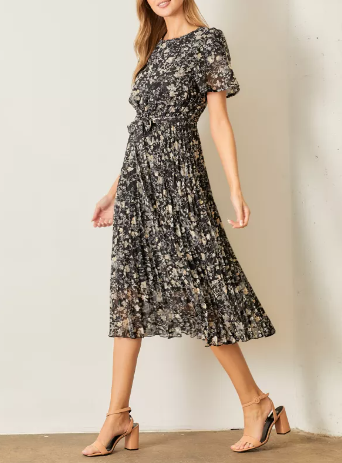 Floral Print Pleated Midi Dress with Short Sleeves