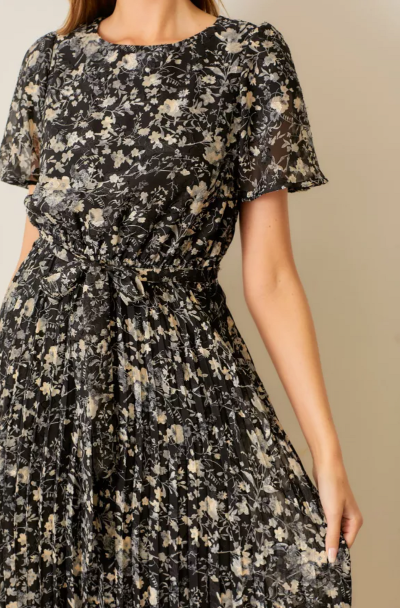 Floral Print Pleated Midi Dress with Short Sleeves