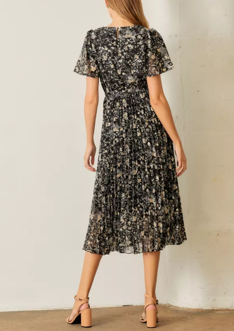 Floral Print Pleated Midi Dress with Short Sleeves