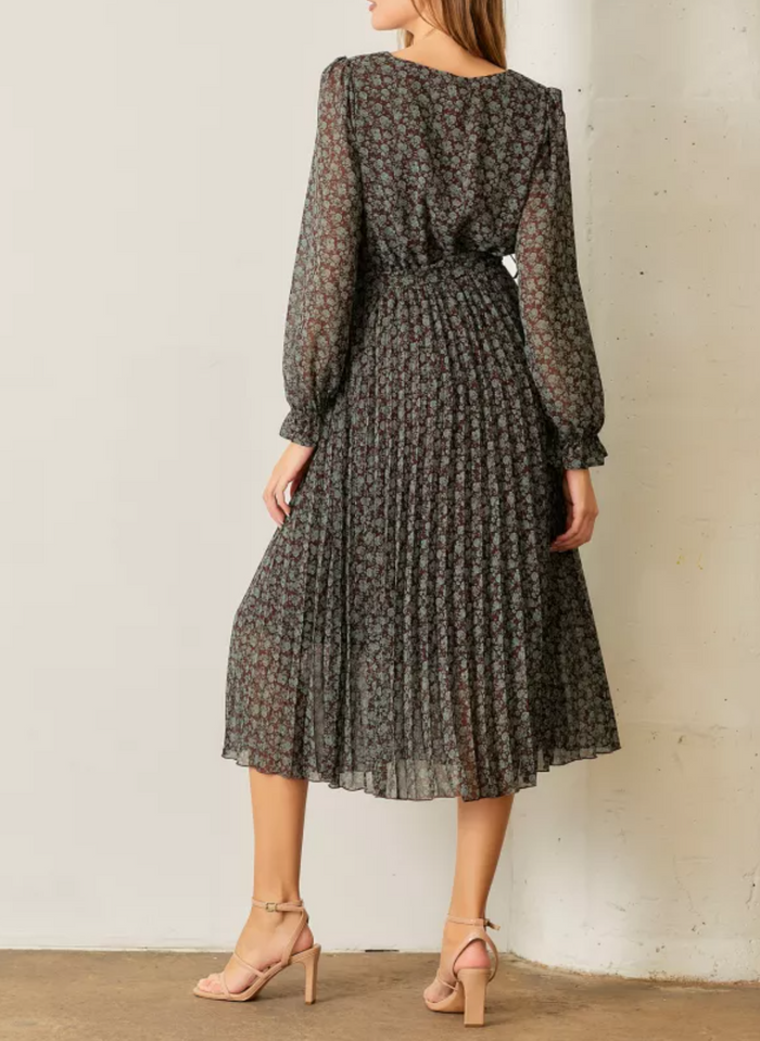 Pleated Skirt Midi Floral Dress with Long Sleeves