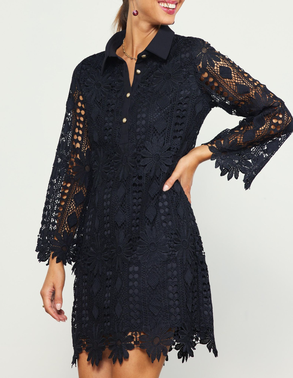 Long Sleeve Collared Lace Mini Dress