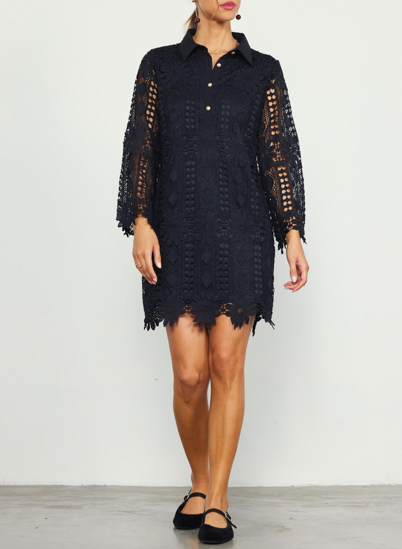 Long Sleeve Collared Lace Mini Dress