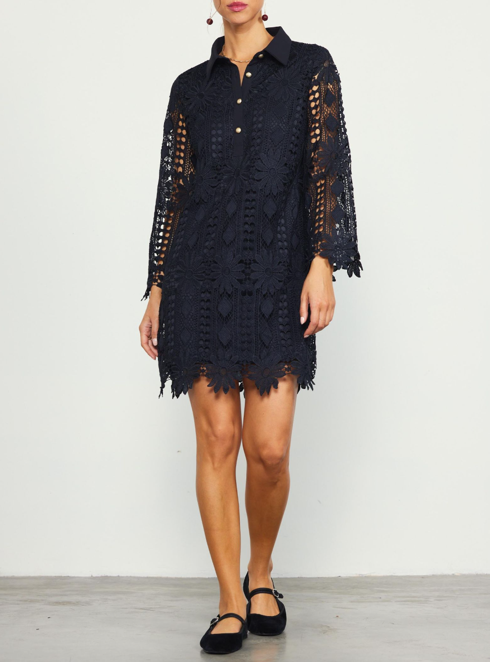 Long Sleeve Collared Lace Mini Dress