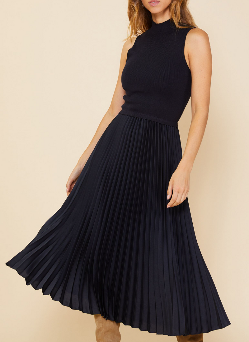 Pleated Contrast Mock Neck Dress