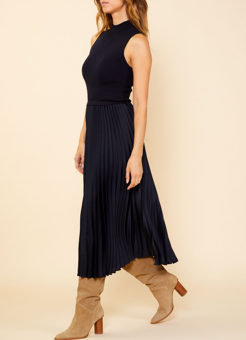 Pleated Contrast Mock Neck Dress