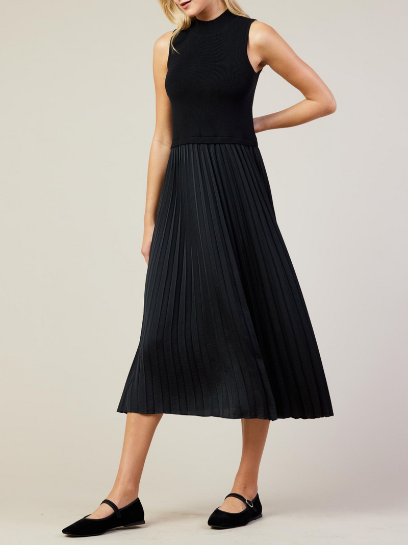 Pleated Contrast Mock Neck Dress