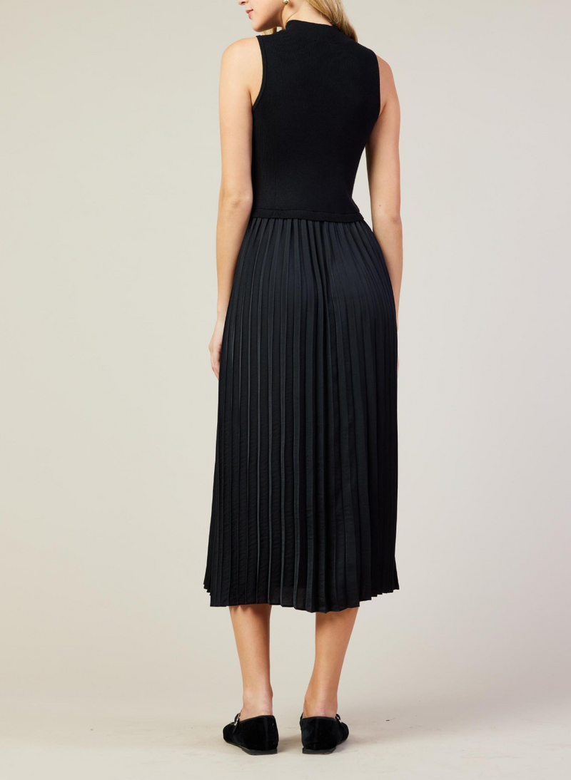 Pleated Contrast Mock Neck Dress