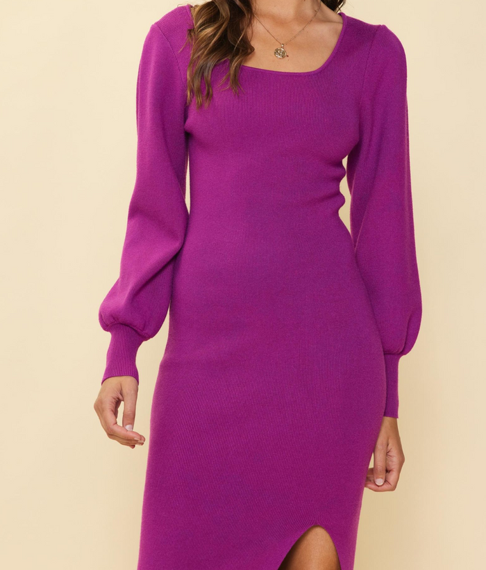 Long Sleeve Knit Dress with Side Slit – Azure & Lavender