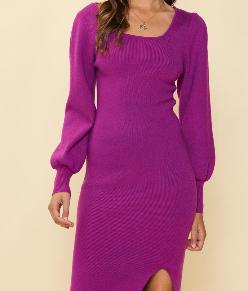 Long Sleeve Knit Dress with Side Slit