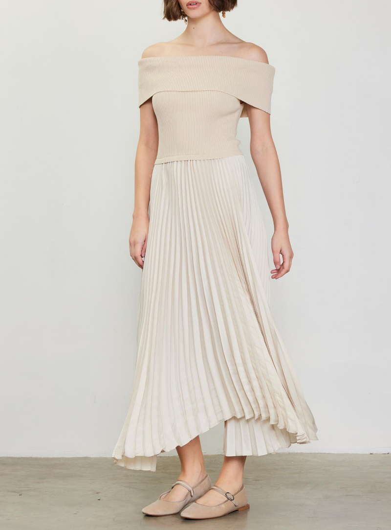 Off Shoulder Rib Dress with Pleated Skirt