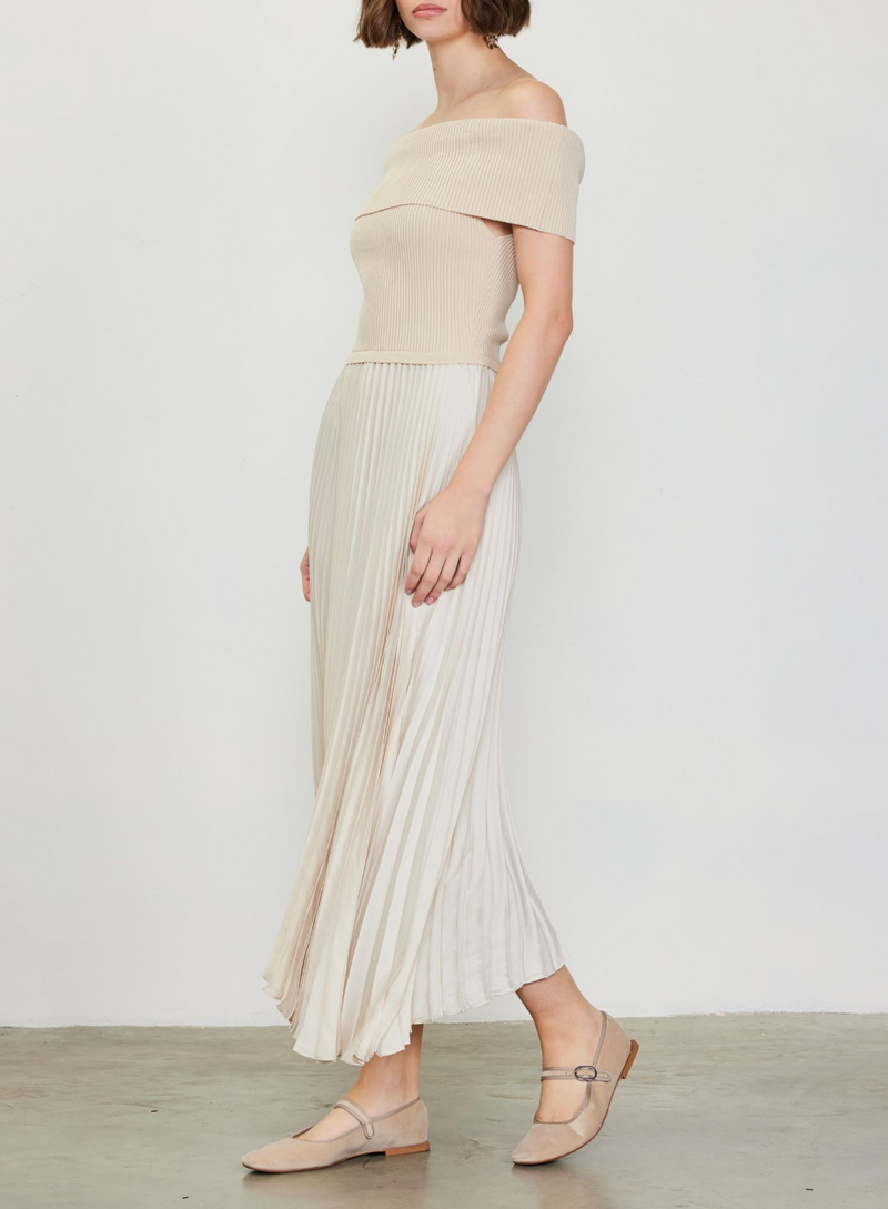 Off Shoulder Rib Dress with Pleated Skirt