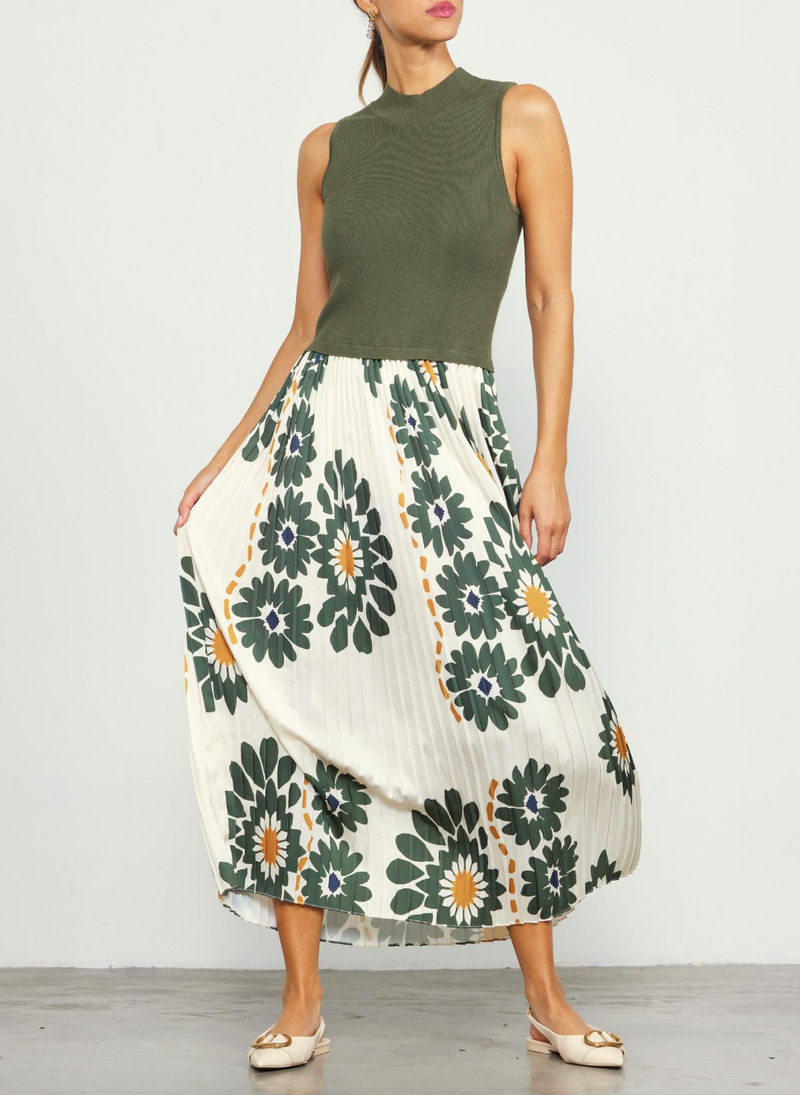 Printed Pleated Midi Dress