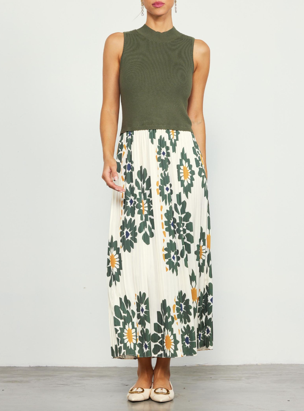 Printed Pleated Midi Dress