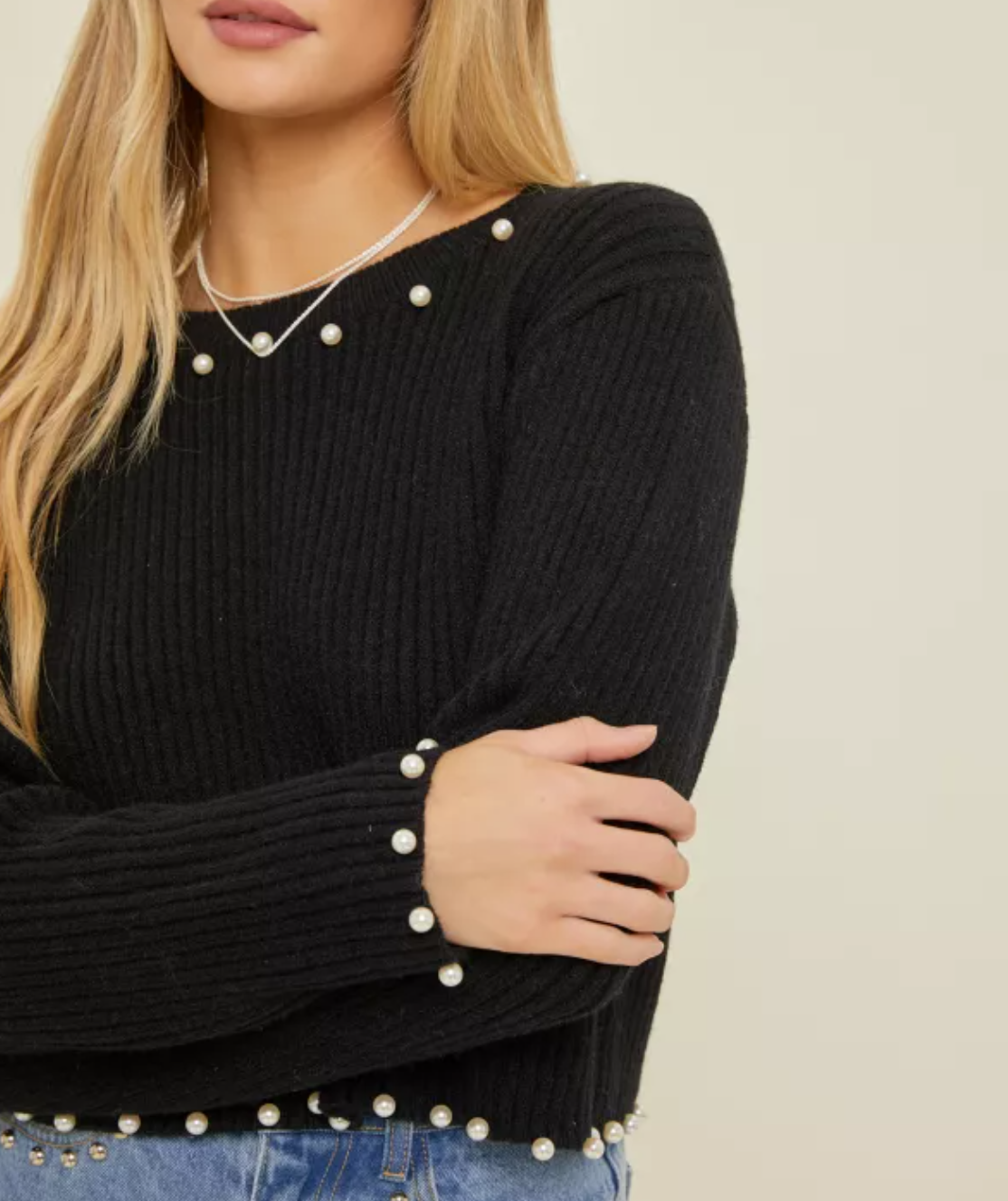 Ribbed Knit Sweater with Pearl Hem Detail