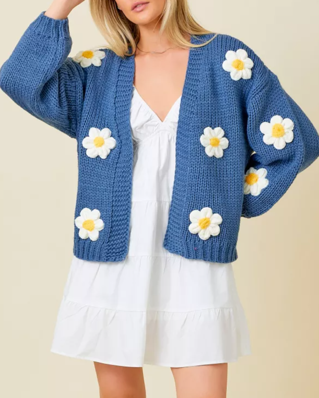 Sweater Knit Daisy Cardigan with Bubble Sleeve Detail