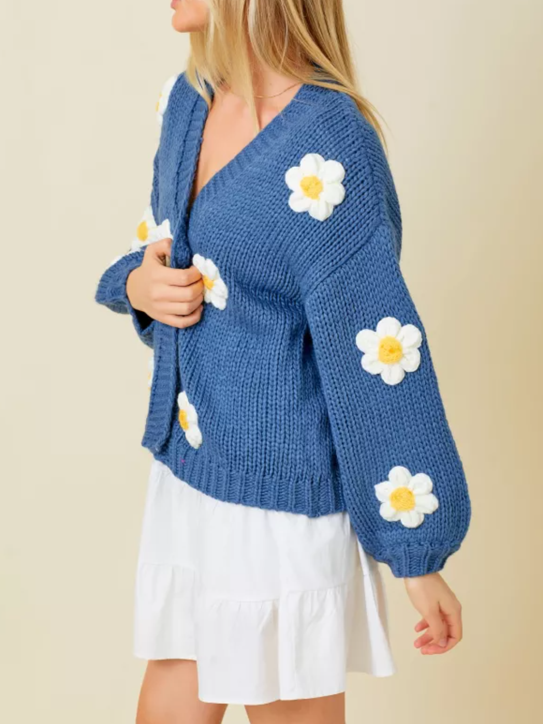 Sweater Knit Daisy Cardigan with Bubble Sleeve Detail