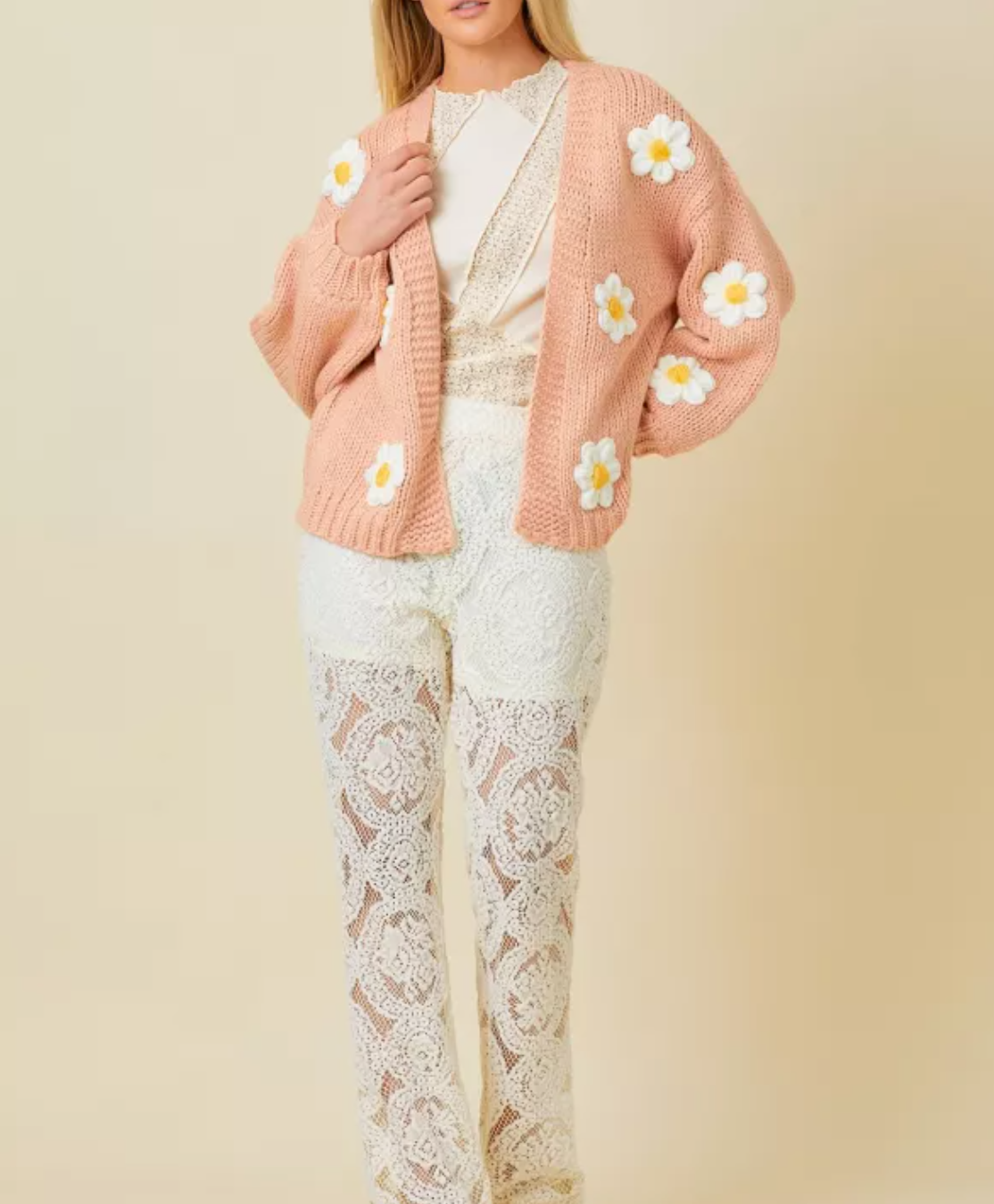 Sweater Knit Daisy Cardigan with Bubble Sleeve Detail