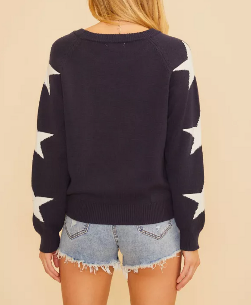 Round Neck Long Sleeve Sweater Top with Star Detail on Sleeves