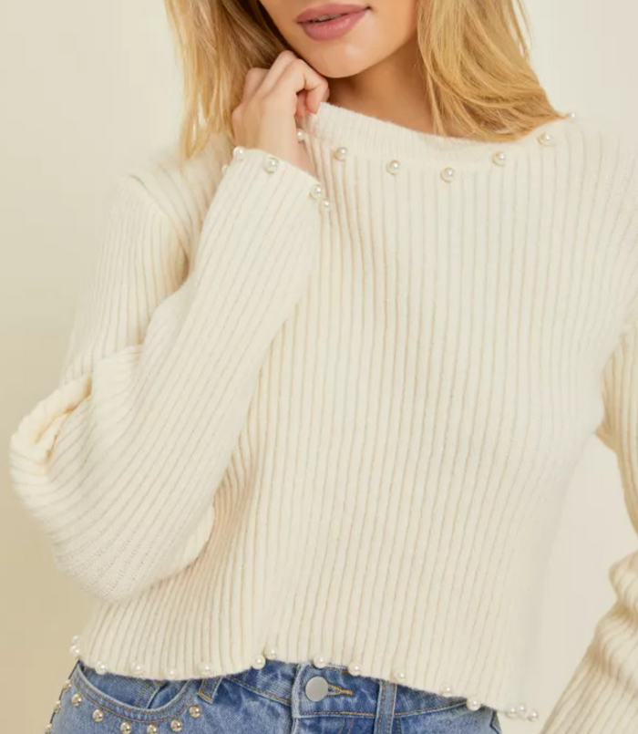 Ribbed Knit Sweater with Pearl Hem Detail